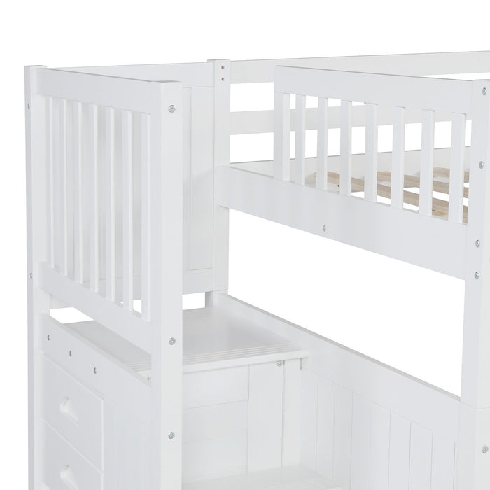Full Over Full Bunk Bed With Twin Size Trundle And Staircase - White