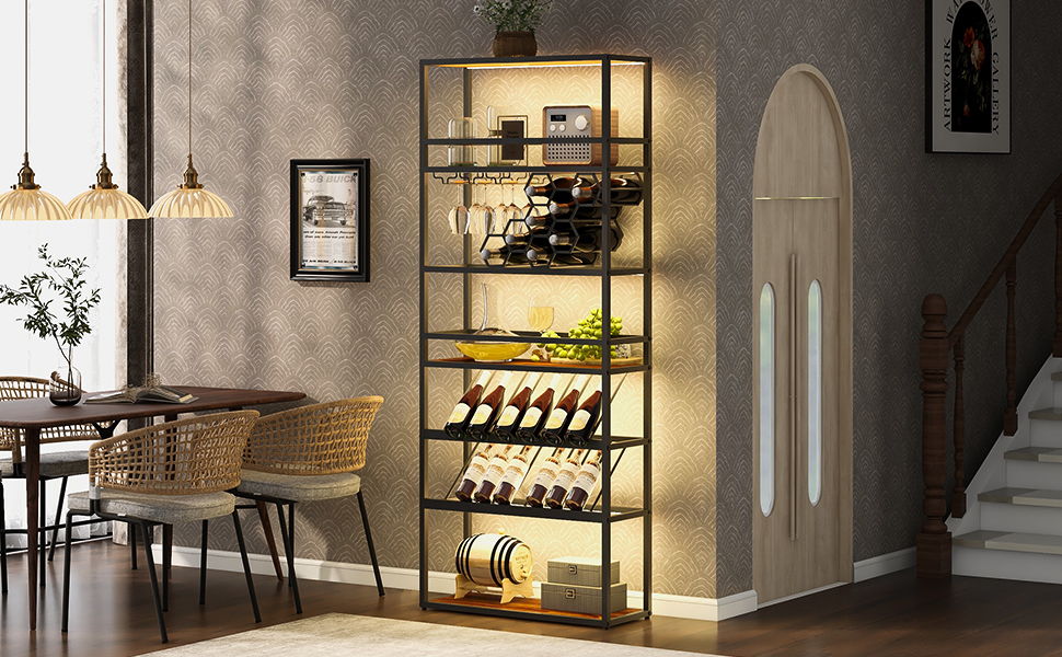 LED Tall Wine Rack Freestanding Floor, 7 Tier Wine Baker Rack With Glass Holder & Wine Storage, Industrial Wine Display Shelf Wine Bar Cabinet For Bar, Kitchen, Dining Room