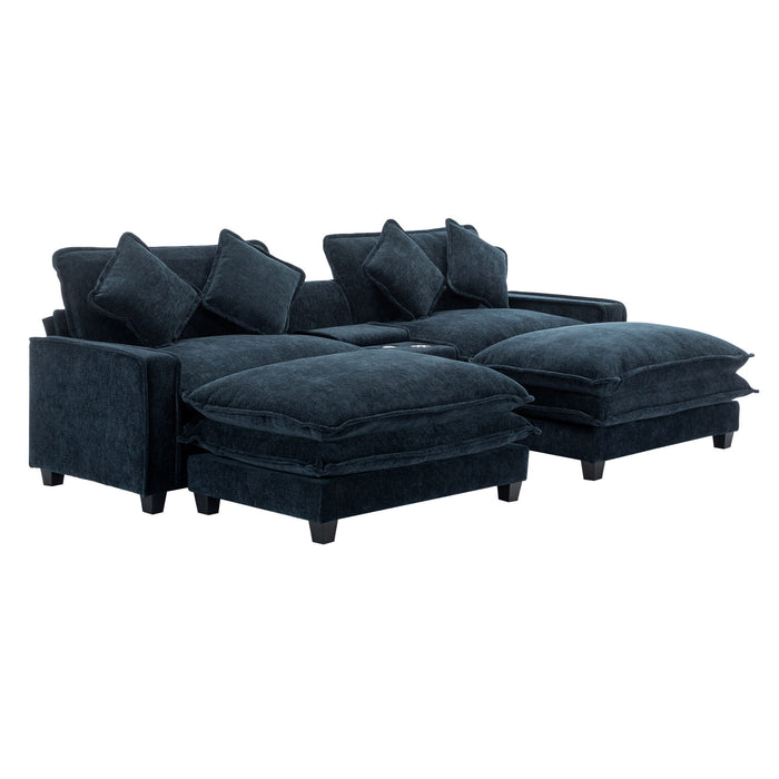 Sectional Sofa Chenille Upholstered Sofa With Two Removable Ottoman, Two USB Ports, Two Cup Holders And Large Storage Box For Living Room