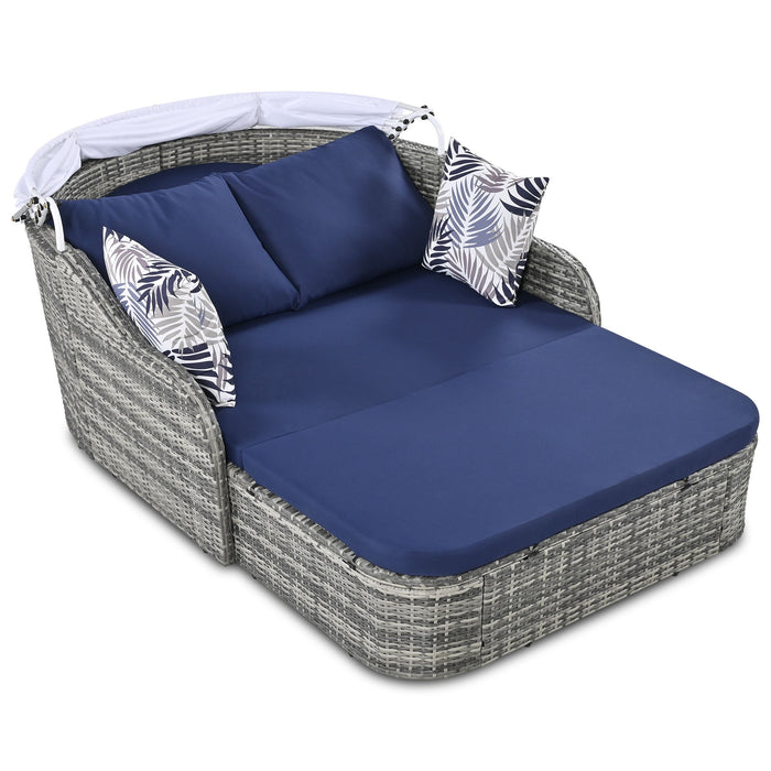 Outdoor Sunbed With Adjustable Canopy, Daybed With Pillows, Double Lounge, PE Rattan Daybed