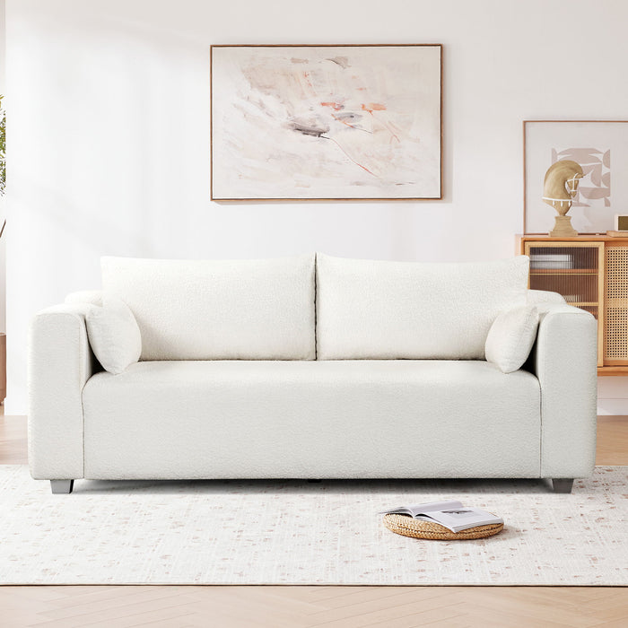 Modern Loop Yarn Sofa, One Piece Seat Frame, Minimalist 2-3 Seat Couch Easy To Install, Loveseats With Extra Wide Domed Arms For Living Room (2 Pillows) - White