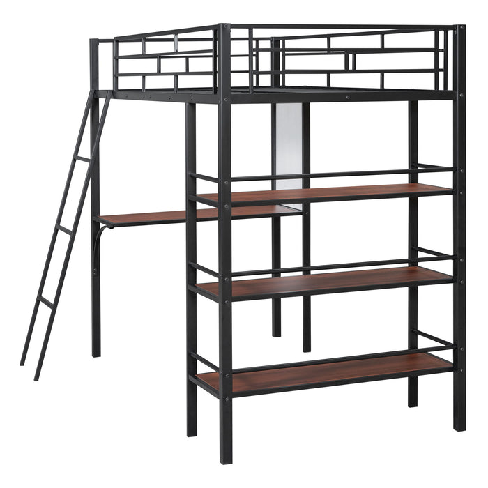 Loft Metal Bed With 3 Layers Of Shelves And Desk, Stylish Metal Frame Bed With Whiteboard