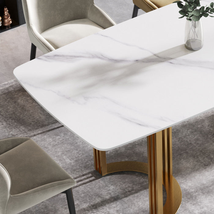 70.87" Modern Artificial Stone White Curved Golden Metal Leg Dining Table, Can Accommodate 6-8 People - White / Gold