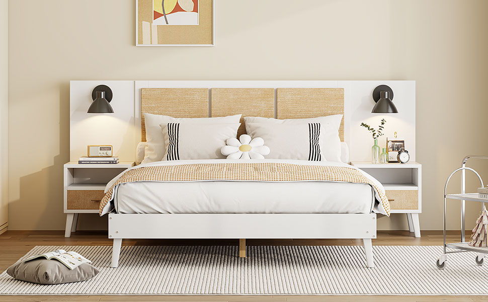 Solid Wood Bed Frame With 2 Nightstands, Elegant Design With Lamps, Rattan And Wood Combination