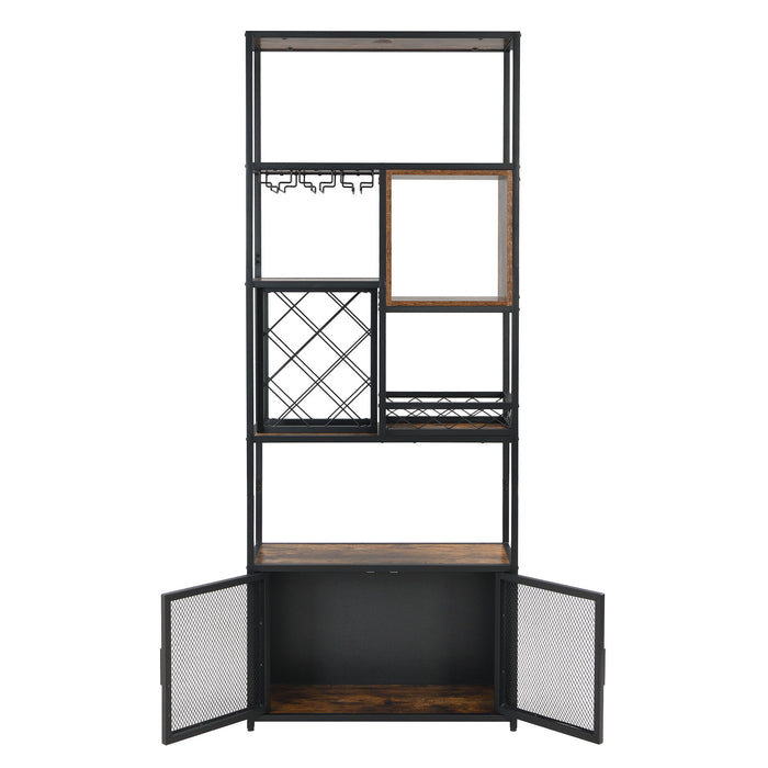 Industrial Tall Black Bar Wine Rack Cabinet With Glass Holder Wood Home Bar Cabinet - Walnut / Black