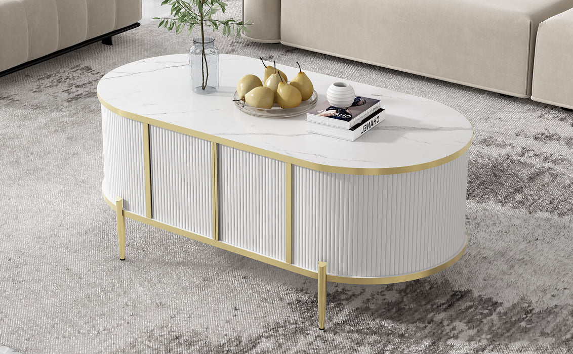 Modern Luxury Oval Shaped Fluted Coffee Table, Marble - Patterned Top Coffee Table With 2 Cabinets, Metal Legs And Handles For Living Room