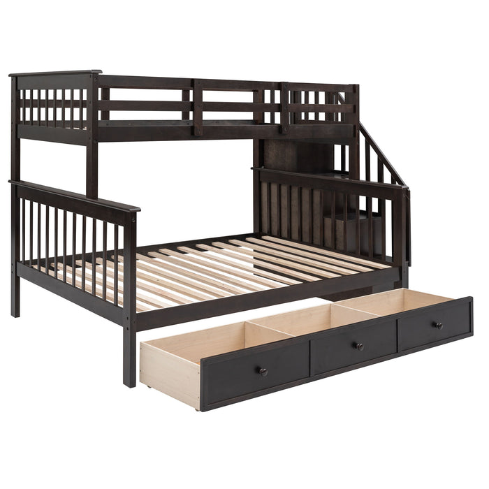 Twin Over Full Stairway Bunk Bed With Drawer, Storage And Guard Rail For Bedroom, Dorm, For Adults