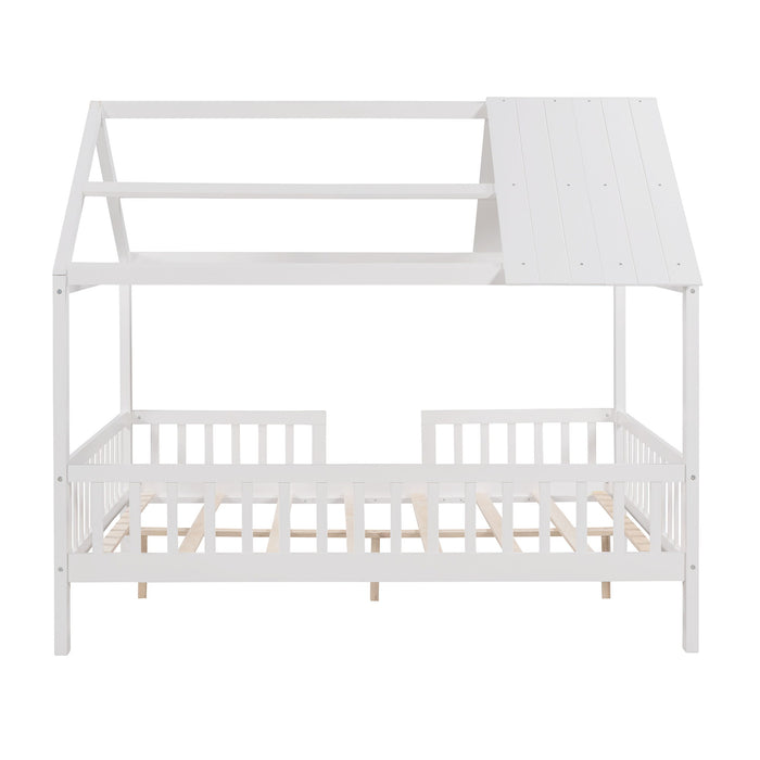 Full Size Wood House Bed With Fence - White