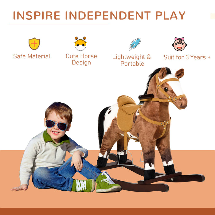 Qaba - Kids Metal Plush Ride-On Rocking Horse Chair Toy With Realistic Sounds - Dark Brown / White