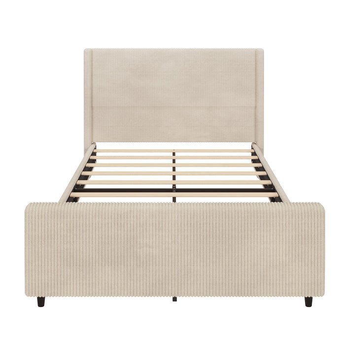 Corduroy Upholstered Bed Frame With Vertical Stripe Wingback And High Footboard No Box Spring Needed