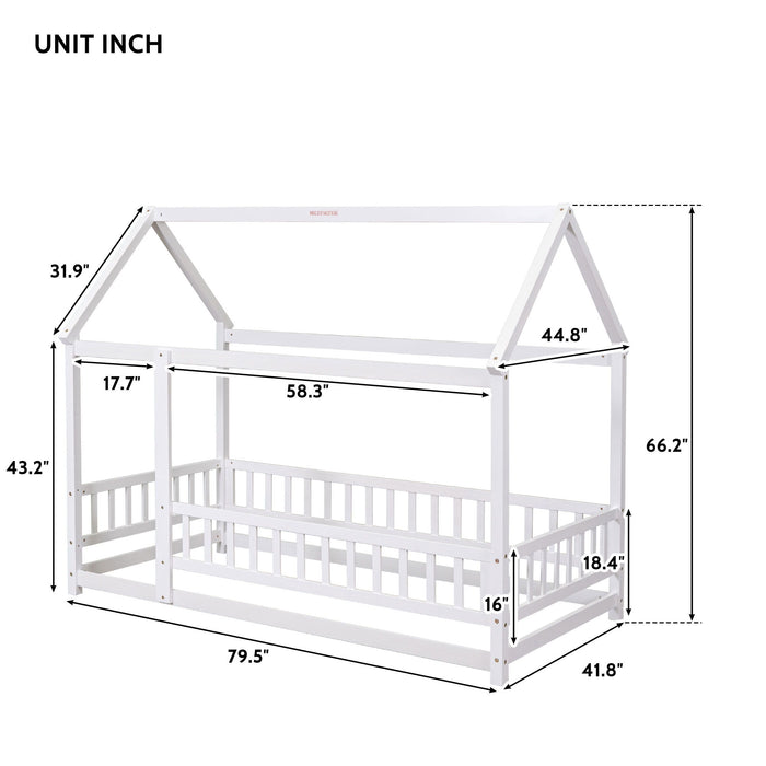 Floor Wooden Bed With House Roof Frame, Fence Guardrails