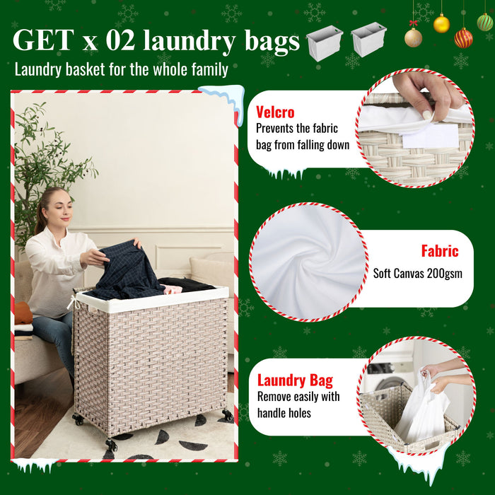 Laundry Hamper With Lid PE Rattan Powder Coating Frame Clothes Hampers With 2 Removable Bags