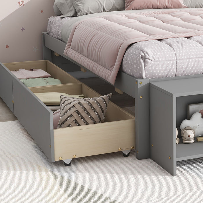 Full Size Bed With Storage Case, 2 Storage Drawers, Lengthwise Support Slat - Gray