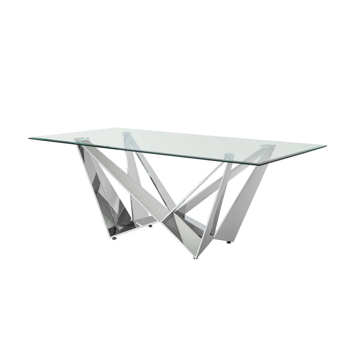 Clear Glass With Polished Stainless Steel Base Dining Table - Silver