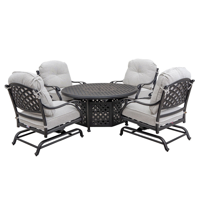 Stylish Outdoor 5 Piece Aluminum Dining Set With Cushion ( 4 Club Motion Chairs And A Round Fire Pit Table) - Sandstorm