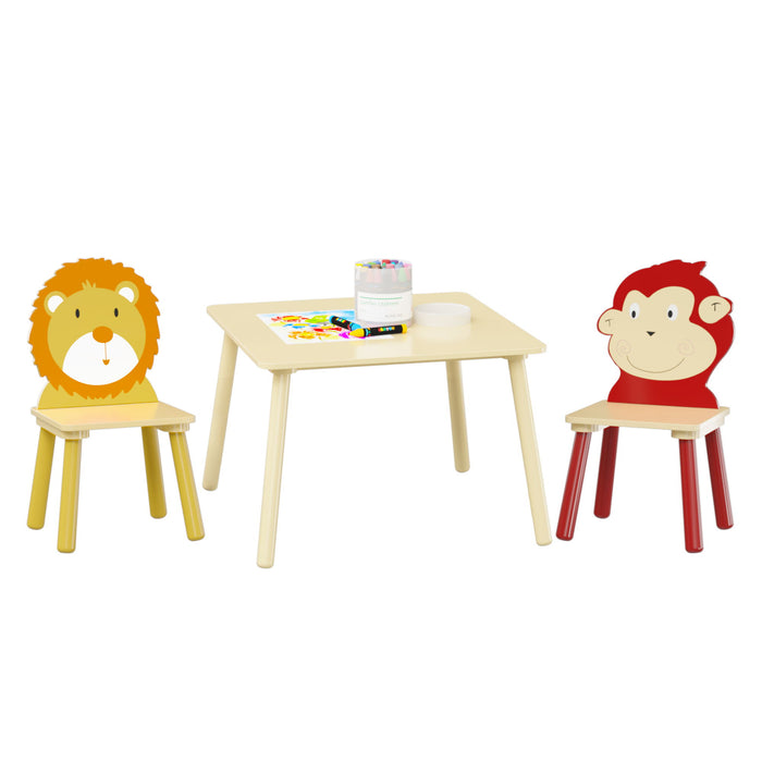 Kids Table And 2 Chairs Set, 3 Pieces Toddler Table And Chair Set, Wooden Activity Play Table Set (Lion&Monkey) - Natural