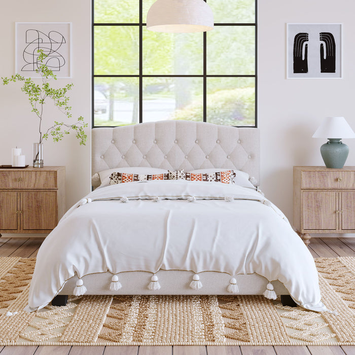 Queen Upholstered Platform Bed With Saddle Curved Headboard And Diamond Tufted Details - Beige