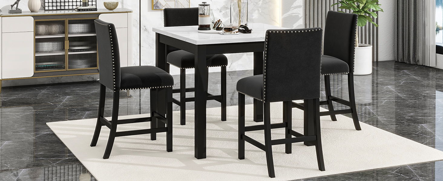 5-Piece Counter Height Dining Table Set With One Faux Marble Top Dining Table And Four Velvet Upholstered Chairs