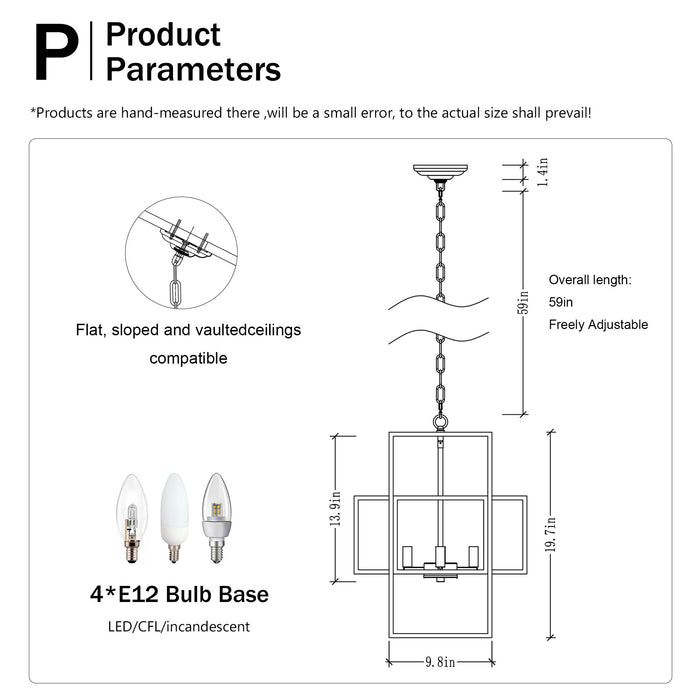 4 Light Metal Lantern Tiered Pendant Hanging Light Fixtures, Industrial Farmhouse Adjustable Height Chandeliers For Dining Room Hallway Foyer Entryway (E12 Bulbs Not Included)