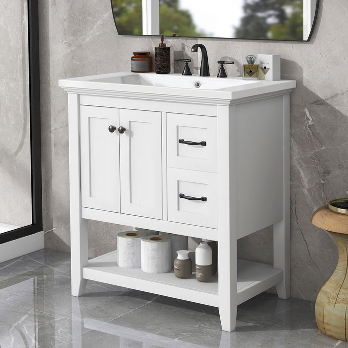 Bathroom Vanity With Ceramic Sink Top, Vanity Cabinet With Multi-Functional Drawer, Solid Wood Legs - White