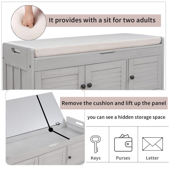 Storage Bench With 3 Shutter-Shaped Doors, Shoe Bench With Removable Cushion And Hidden Storage Space