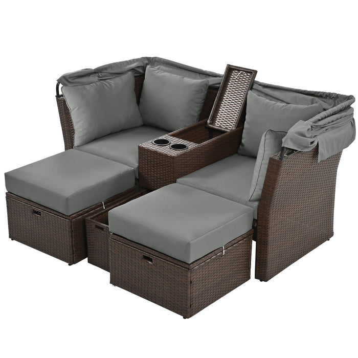 2 Seater Outdoor Patio Daybed Outdoor Double Daybed Outdoor Loveseat Sofa Set With Foldable Awning And Cushions For Garden, Balcony, Poolside