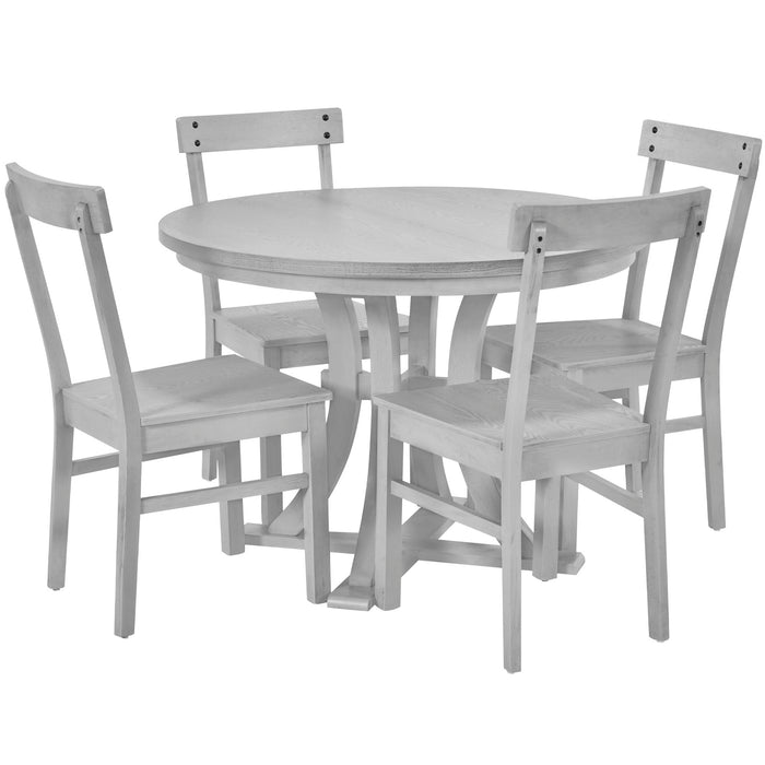 Topmax - 5 Piece Rustic Round Pedestal Extendable Dining Table Set With 15.7" Removable Leaf And Simple Dining Chirs For Small Places