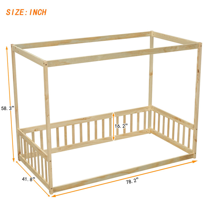 Canopy Frame Floor Bed With Fence, Guardrails