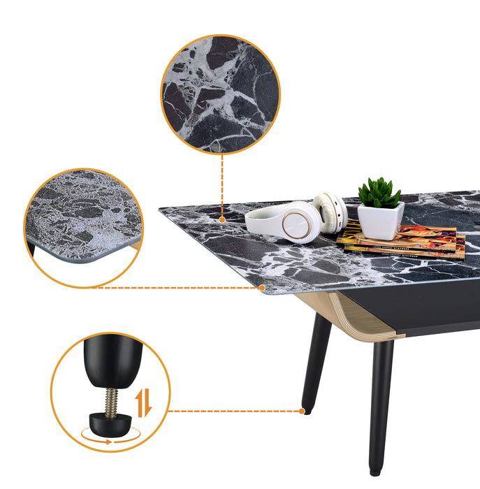 Landon - Table With Glass Black Marble Texture Top And Bent Wood Design - Coffee