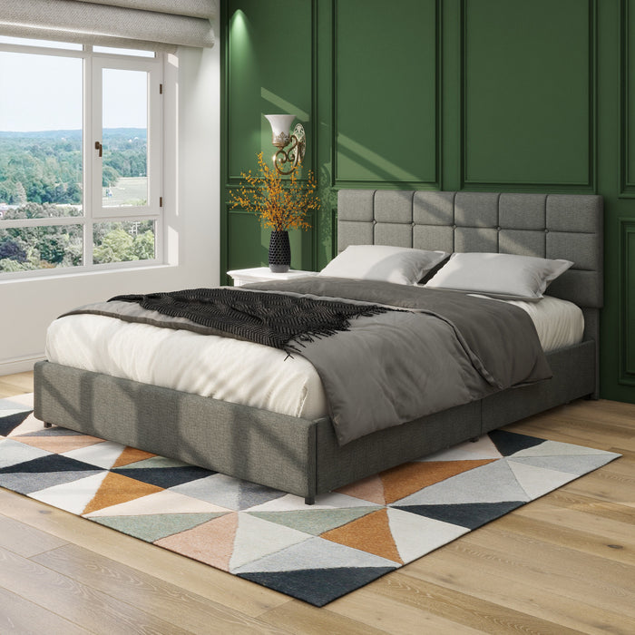 Vera - Upholstered Platform Bed With Patented 4 Drawers Storage, Square Stitched Button Tufted Headboard