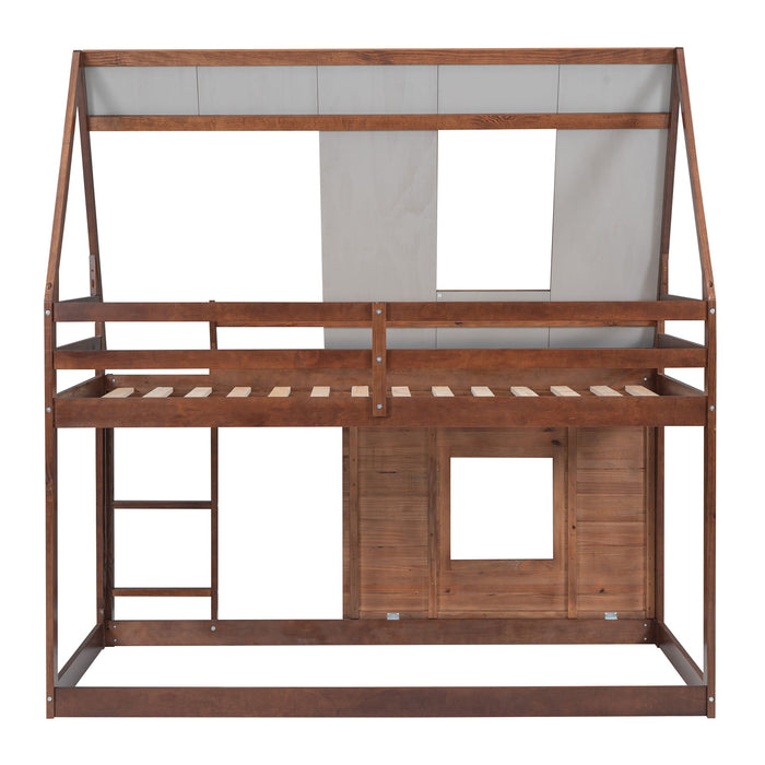 Wood Twin Size House Bunk Bed With Roof, Ladder And 2 Windows - Oak & Smoky Gray