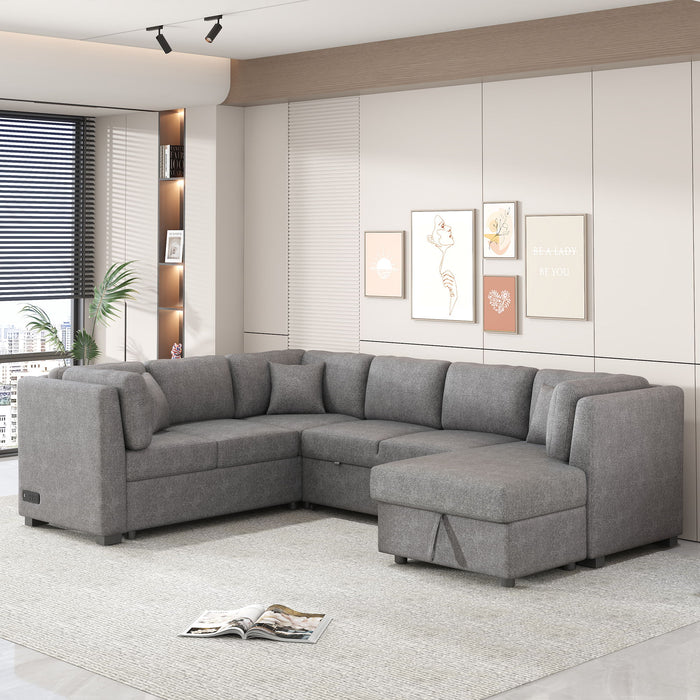 U-Shaped Sectional Sofa Pull Out Sofa Bed With Two USB Ports, Two Power Sockets, Three Back Pillows And A Storage Chaise For Living Room