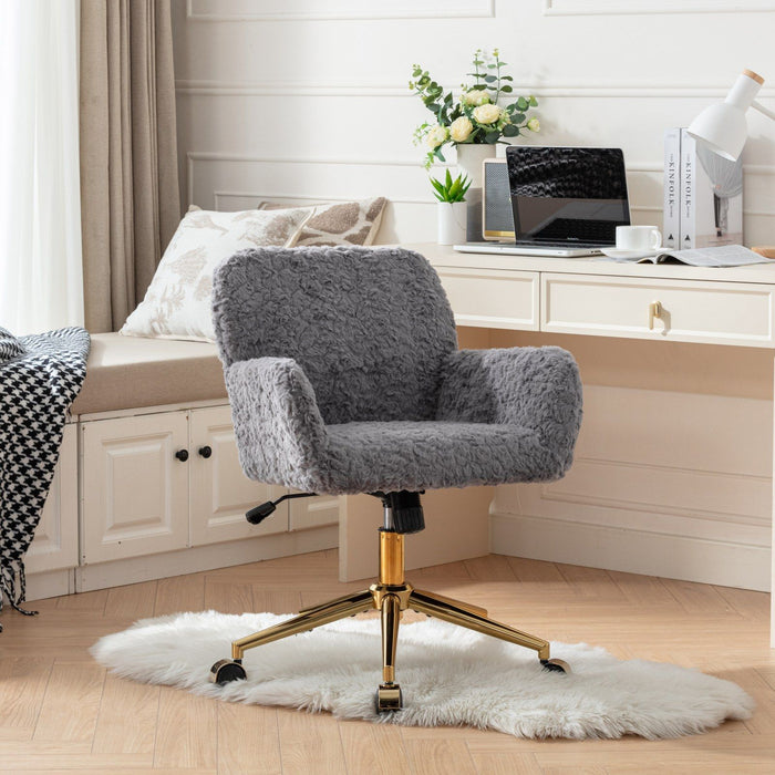 Office Chair, Artificial Rabbit Hair Home Office Chair With Golden Metal Base, Adjustable Desk Chair Swivel Office Chair, Vanity Chair