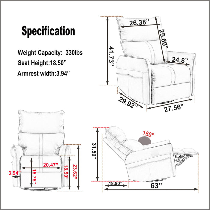 29.92" 270 Power Swivel Rocker Recliner Chair, Electric Glider Reclining Sofa With USB Ports, Power Swivel Glider, Rocking Chair Nursery Recliners For Living Room Bedroom