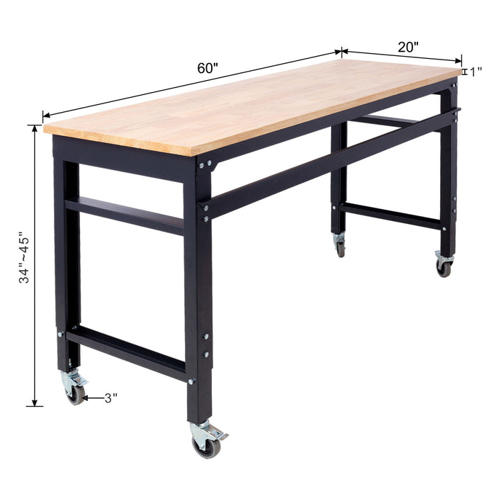 60" Wide Rolling Workbench For Garage, Adjustable Height, Workshop Tool Bench, Metal With Rubber Wood Top - Black / Light Brown