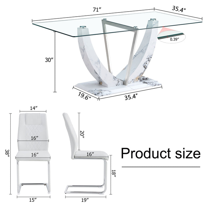 Table And Chair Set, Large Modern Rectangular Glass Table, Can Accommodate 6-8 People, Equipped With A 0.39" Tempered Glass Tabletop And MDF Table Legs.Paired With Comfortable And Soft Chairs - White / Pearl Silver