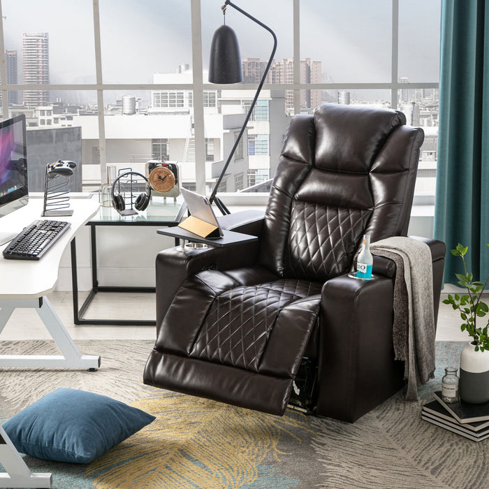 Power Motion Recliner With USB Charging Port And Hidden Arm Storage, Home Theater Seating With 2 Convenient Cup Holders Design And 360 Degree Swivel Tray Table