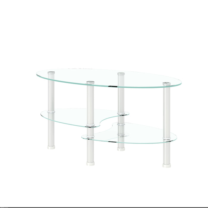 Transparent Oval Glass Coffee Table, Modern Table In Living Room Oak Wood Leg Tea Table 3-Layer Glass Table