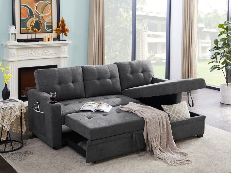 Mabel - Woven Fabric Sleeper Sectional With Cupholder, USB Charging Port nd Pocket - Dark Gray