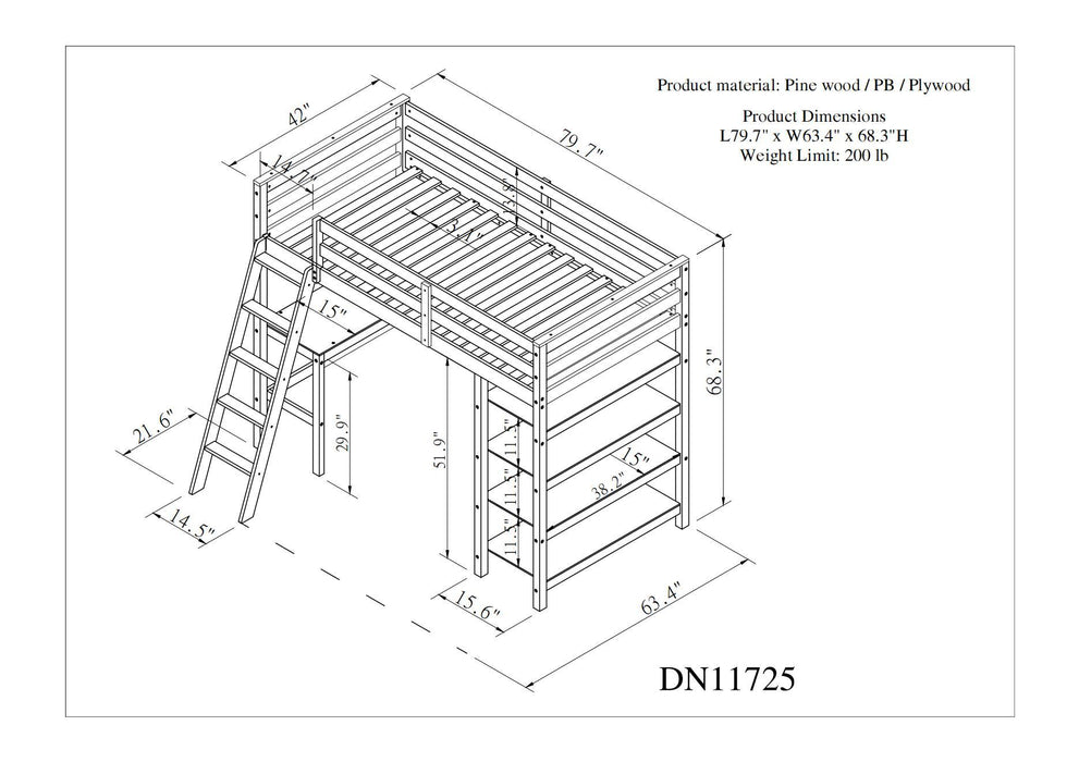 Twin Loft Bed With Desk, Ladder, Shelves