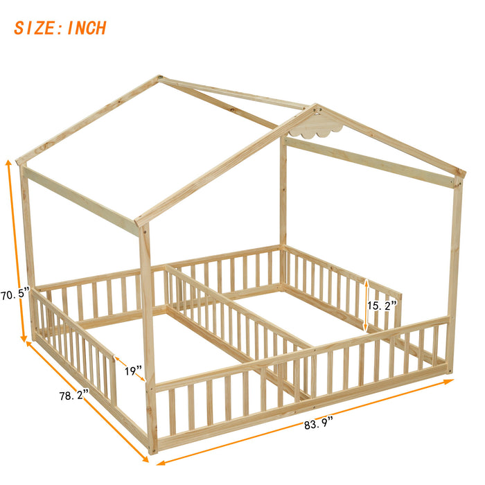 Double Twin House-Style Floor Bed With Fence, Guardrails, Without Door