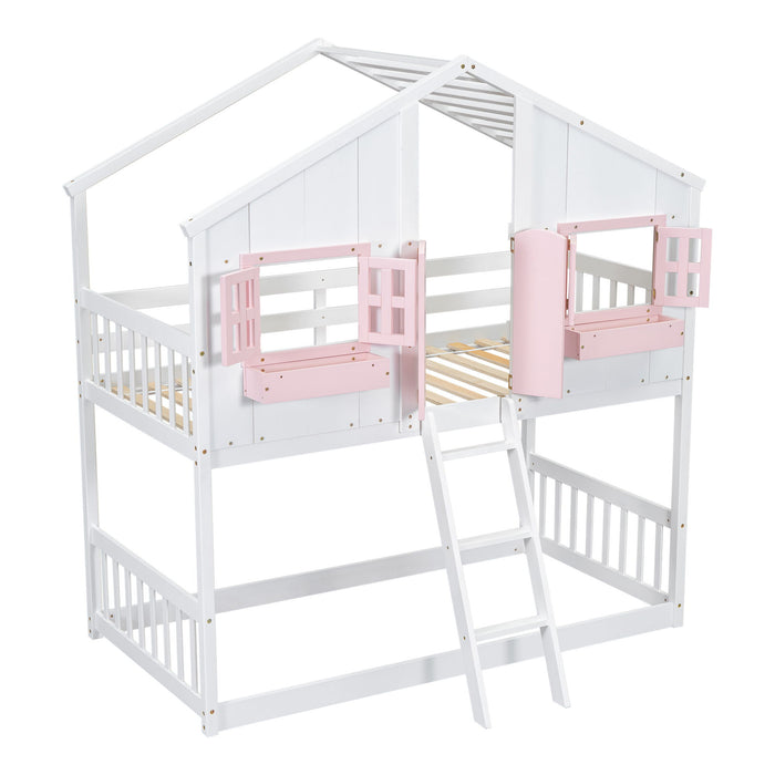 House Bunk Bed With Roof, Window, Window Box, Door, With Safety Guardrails And Ladder