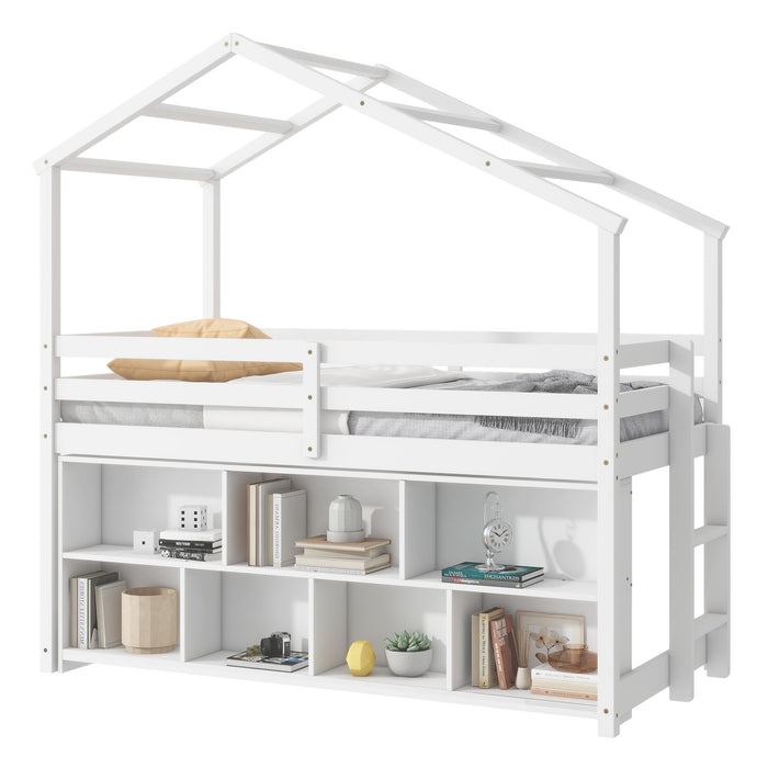 House Loft Bed With Roof Frame, Under Bed Shelving Storage Unit, Guardrails, Ladder