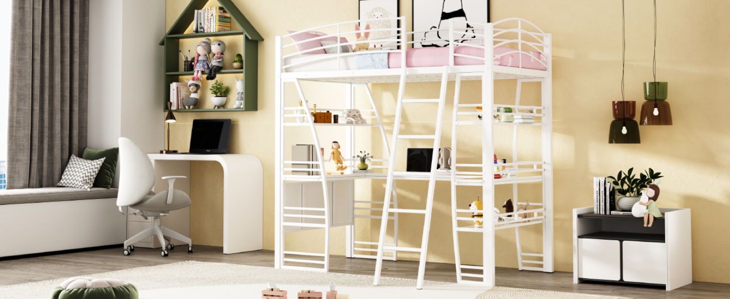 Loft Bed With 4 Layers Of Shelves And L-Shaped Desk, Stylish Metal Frame Bed With A Set Of Sockets, USB Ports And And Wireless Charging