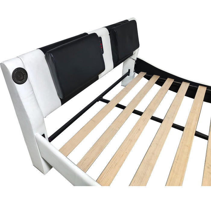 Upholstered Platform Bed Frame With LED Lighting, Bluetooth Connection To Play Music Control, Backrest Vibration Massage, Curve Design, Wood Slat Support, Exhibited Speakers