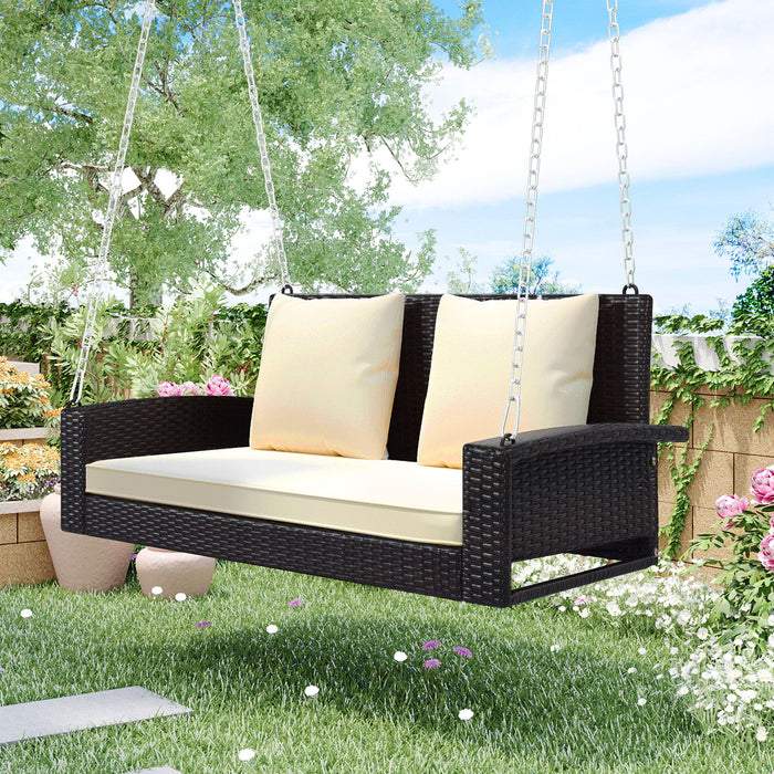 2 Person Wicker Hanging Porch Swing With Chains, Cushion, Pillow, Rattan Swing Bench For Garden, Backyard