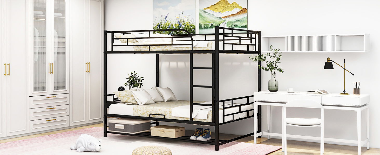 Metal Bunk Bed With Shelf And Guardrails