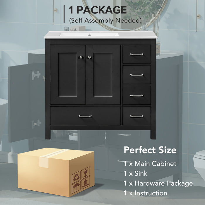 Bathroom Vanity With Ceramic Sink Combo, Abundant Storage Cabinet -2 Soft-Close Doors And 5 Drawers