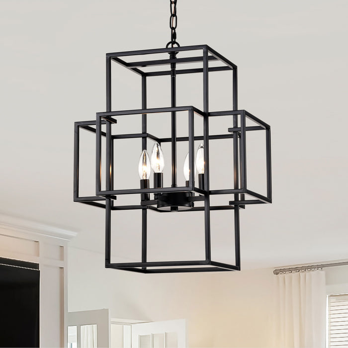 4 Light Metal Lantern Tiered Pendant Hanging Light Fixtures, Industrial Farmhouse Adjustable Height Chandeliers For Dining Room Hallway Foyer Entryway (E12 Bulbs Not Included)