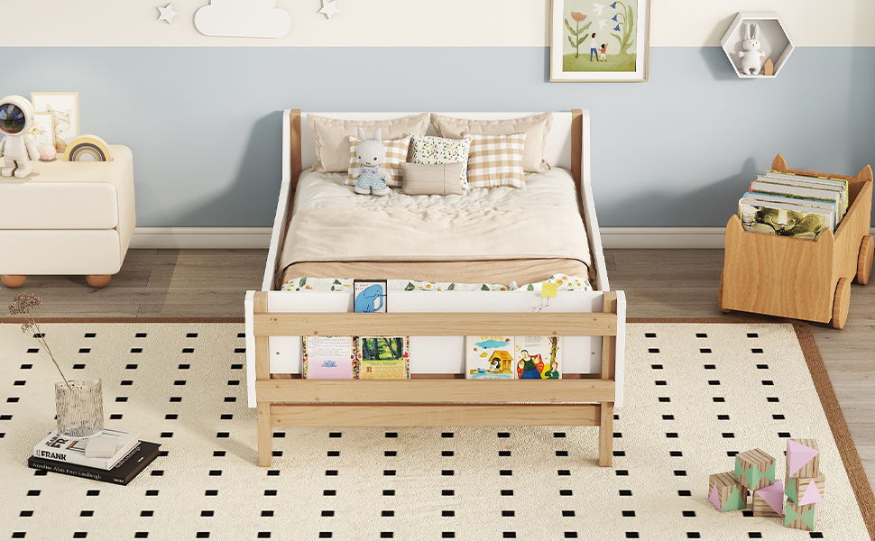 Bed With Headboard, Footboard, Safeguards, Built-In Bed-End Book Storage Rack